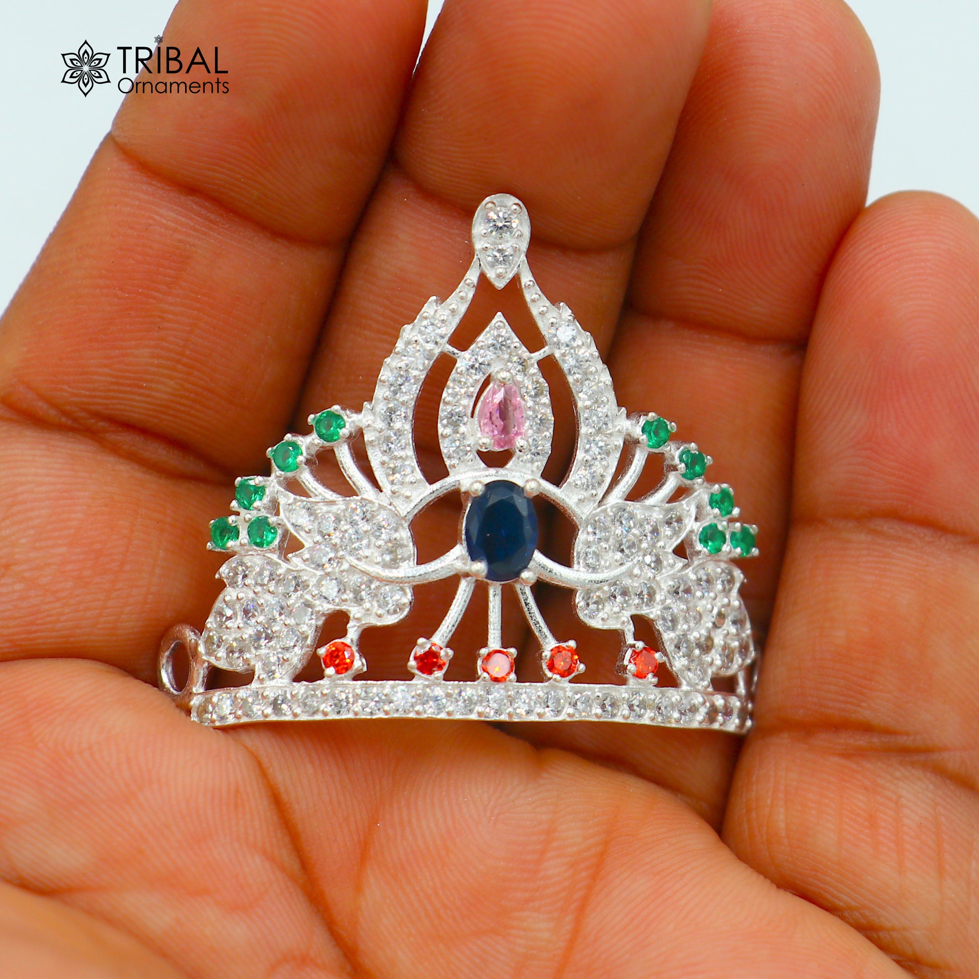 925 sterling silver antique stone design silver mukut (crown), amazing god crown temple god art sm51 - TRIBAL ORNAMENTS