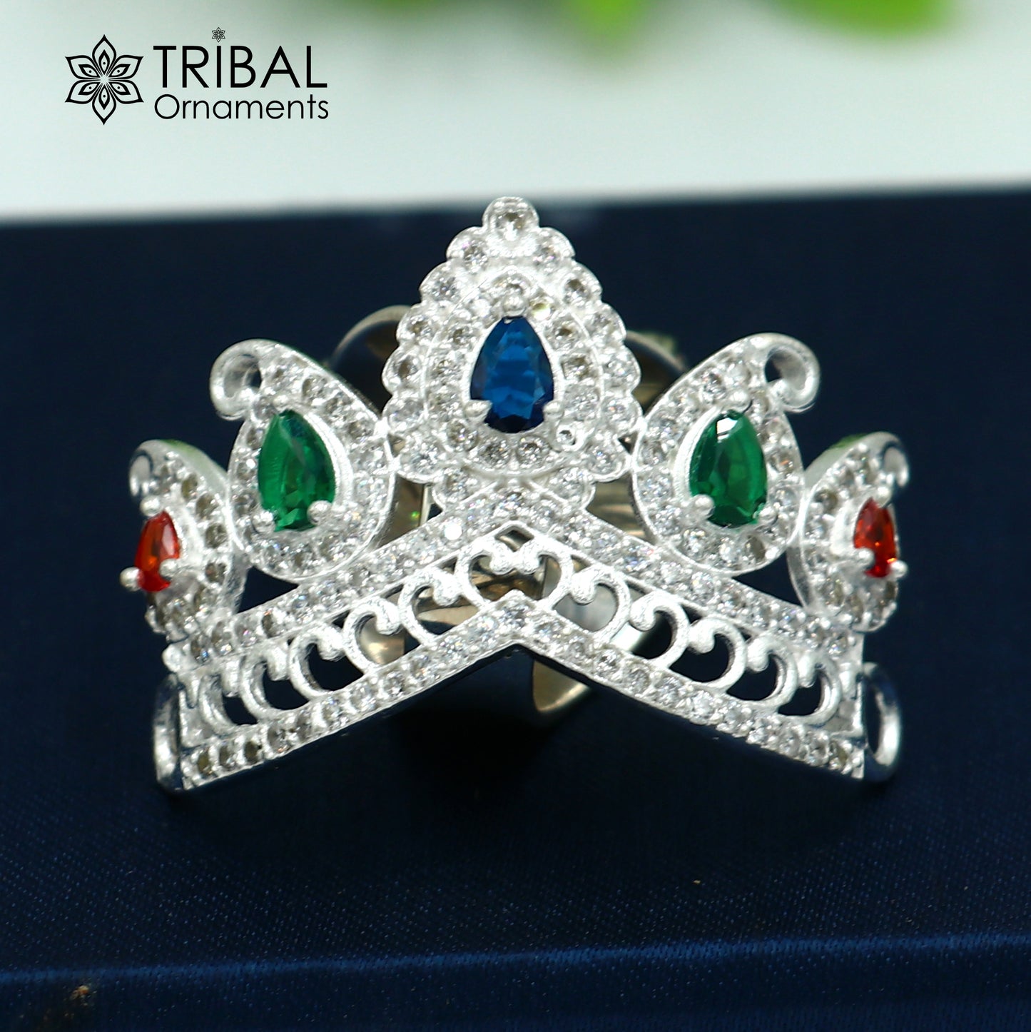 925 sterling silver antique stone design silver mukut (crown), amazing god crown temple god art sm52 - TRIBAL ORNAMENTS