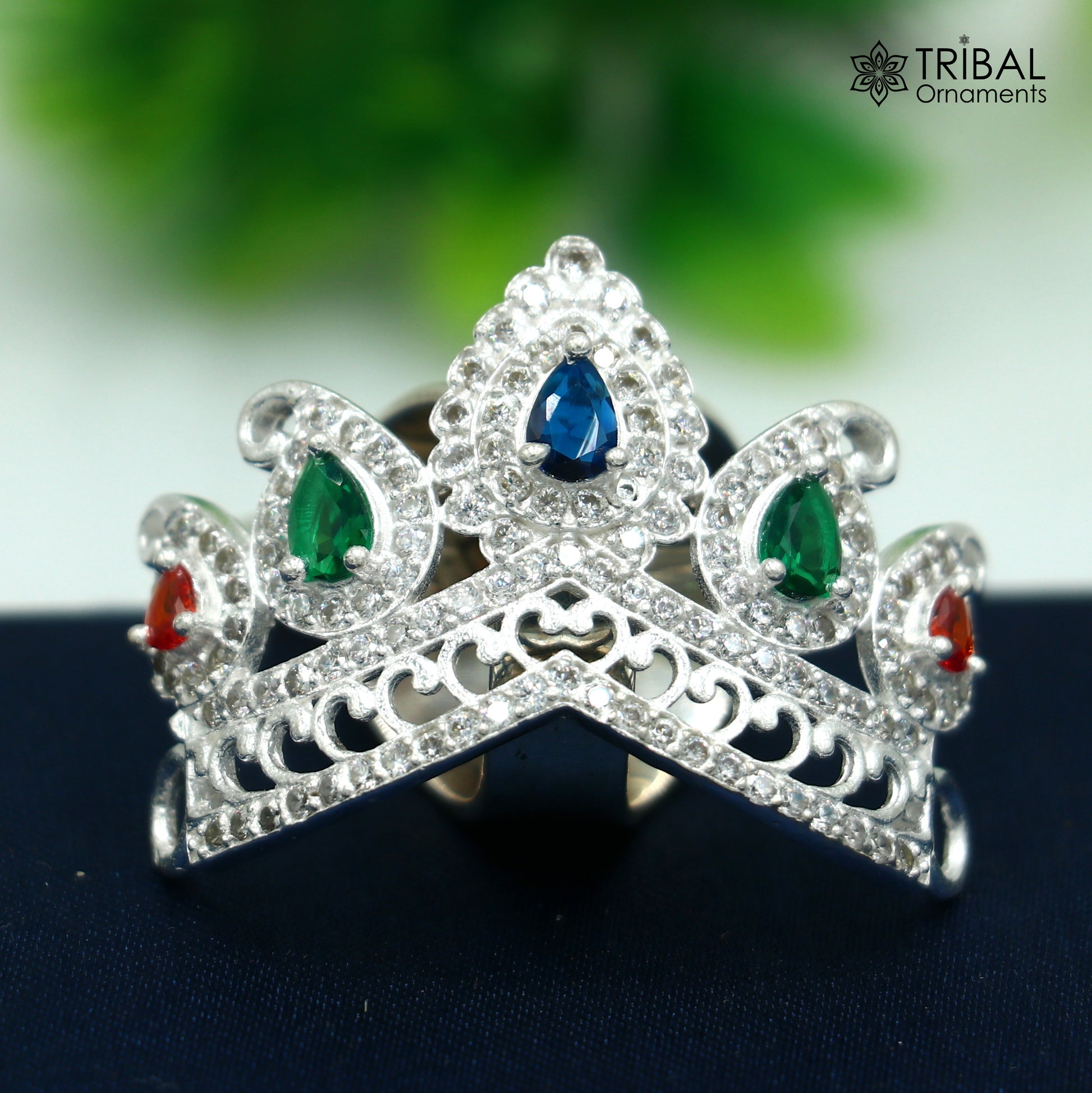 925 sterling silver antique stone design silver mukut (crown), amazing god crown temple god art sm52 - TRIBAL ORNAMENTS