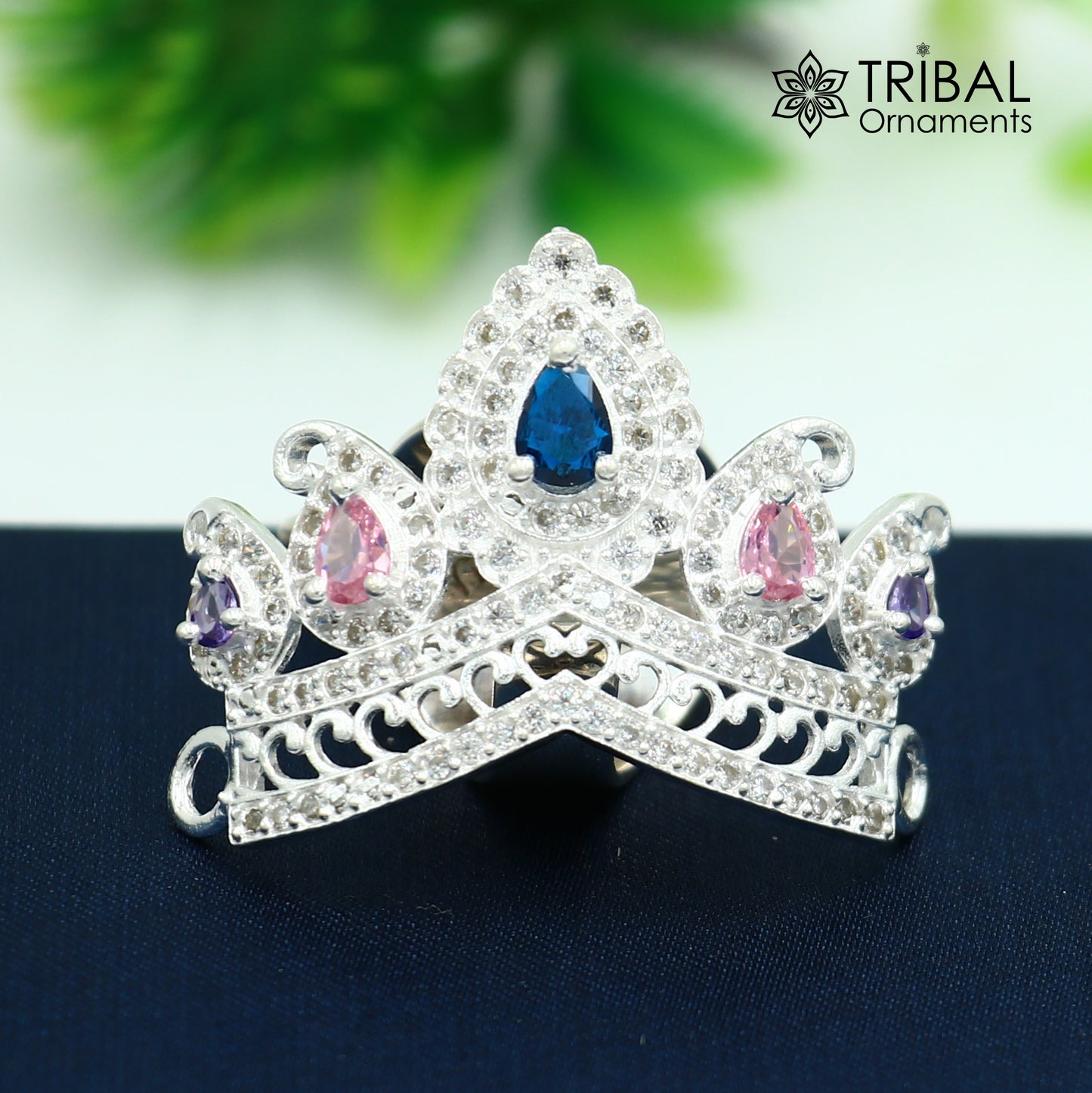 925 sterling silver antique stone design silver mukut (crown), amazing god crown temple god art sm53 - TRIBAL ORNAMENTS