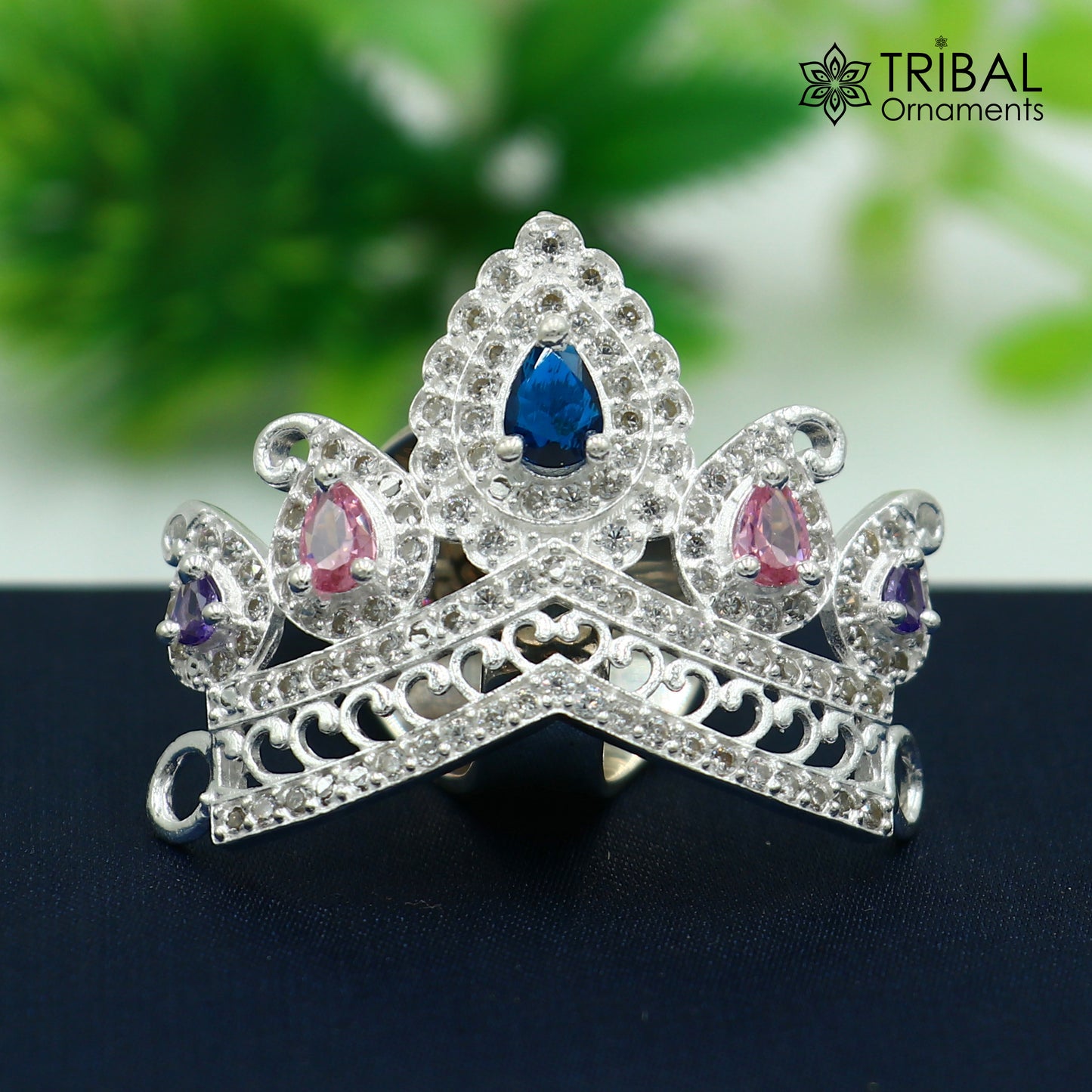 925 sterling silver antique stone design silver mukut (crown), amazing god crown temple god art sm53 - TRIBAL ORNAMENTS