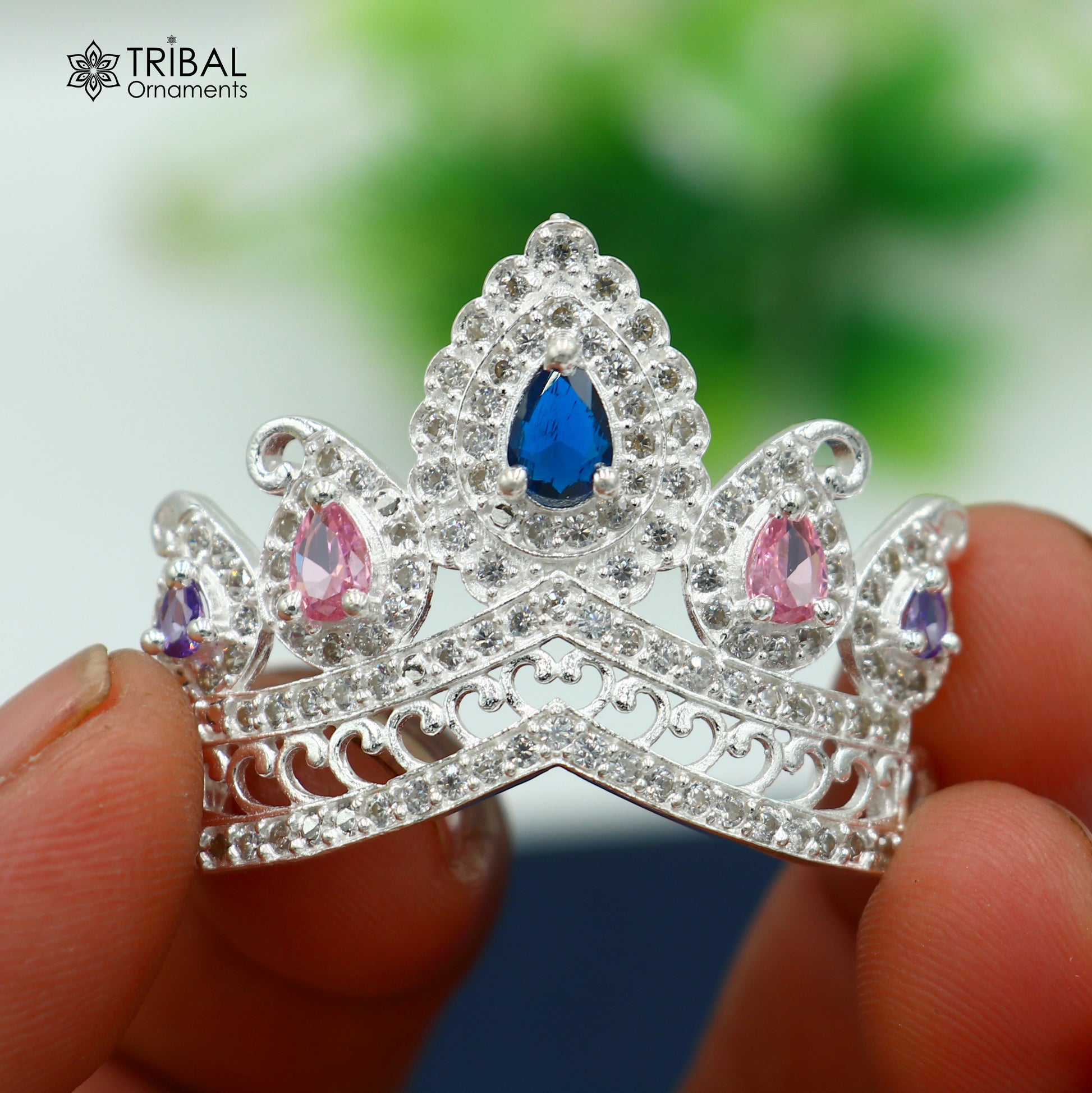 925 sterling silver antique stone design silver mukut (crown), amazing god crown temple god art sm53 - TRIBAL ORNAMENTS