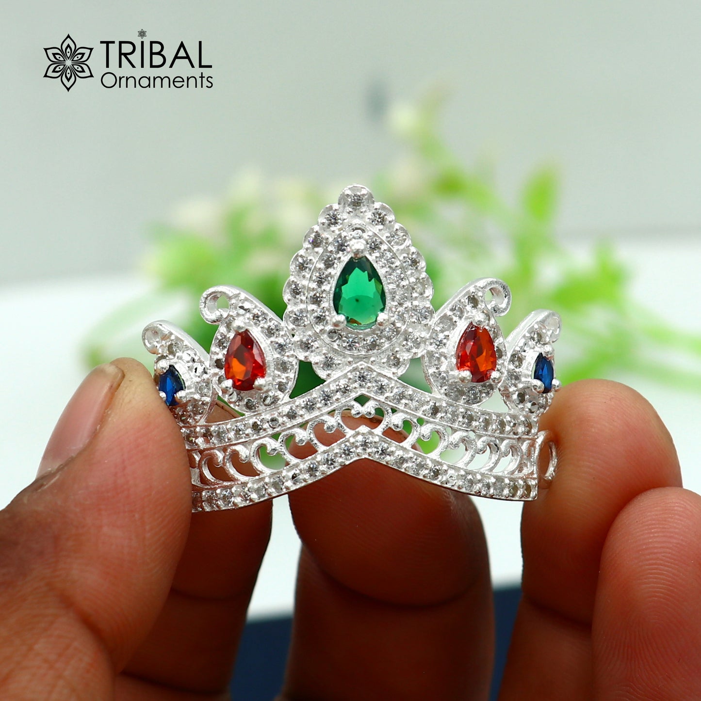 925 sterling silver antique stone design silver mukut (crown), amazing god crown temple god art sm54 - TRIBAL ORNAMENTS