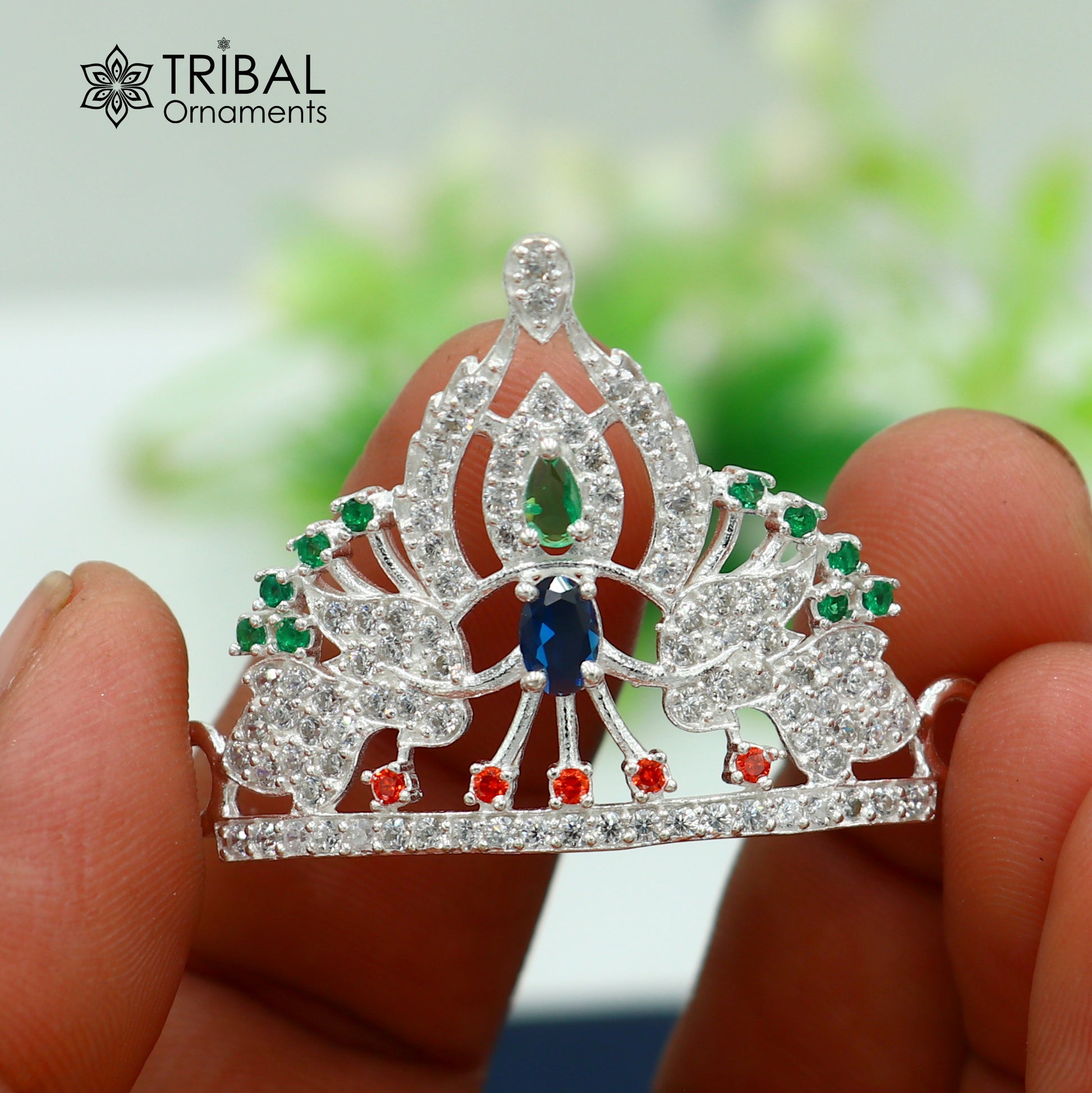 925 sterling silver antique stone design silver mukut (crown), amazing god crown temple god art sm56 - TRIBAL ORNAMENTS