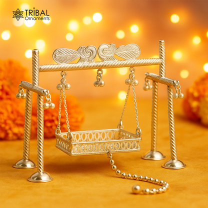 925 Sterling silver handmade Bal Gopala jhula featuring Little Krishna on a swing, crafted with intricate silver art by TribalOrnaments