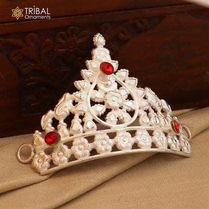925 sterling silver stylish stone design silver mukut (crown), amazing god crown temple god art sm47 - TRIBAL ORNAMENTS
