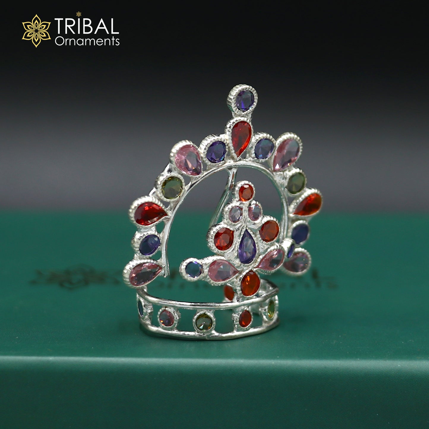 925 sterling silver stylish stone design silver mukut (crown), amazing god crown temple god art sm48 - TRIBAL ORNAMENTS