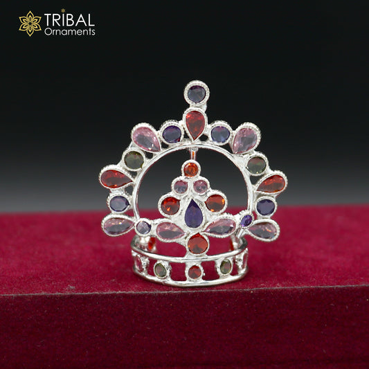 925 sterling silver stylish stone design silver mukut (crown), amazing god crown temple god art sm48 - TRIBAL ORNAMENTS