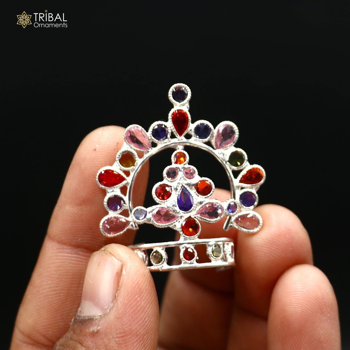 925 sterling silver stylish stone design silver mukut (crown), amazing god crown temple god art sm48 - TRIBAL ORNAMENTS