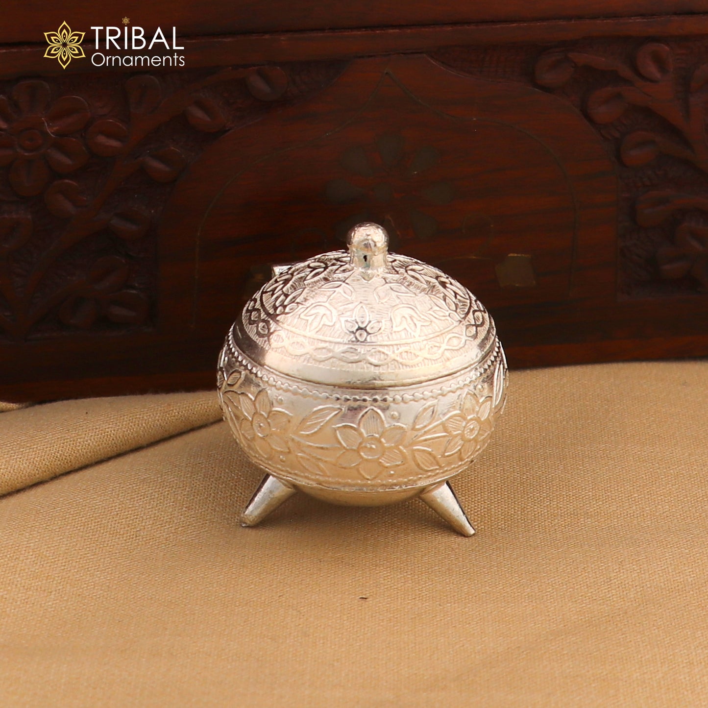 925 Sterling silver trinket box with colorful enamel work, traditional kumkum and sindoor casket, handcrafted by TribalOrnaments.