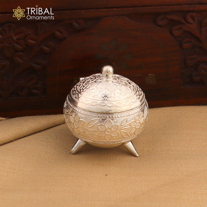 925 Sterling silver trinket box with colorful enamel work, traditional kumkum and sindoor casket, handcrafted by TribalOrnaments.
