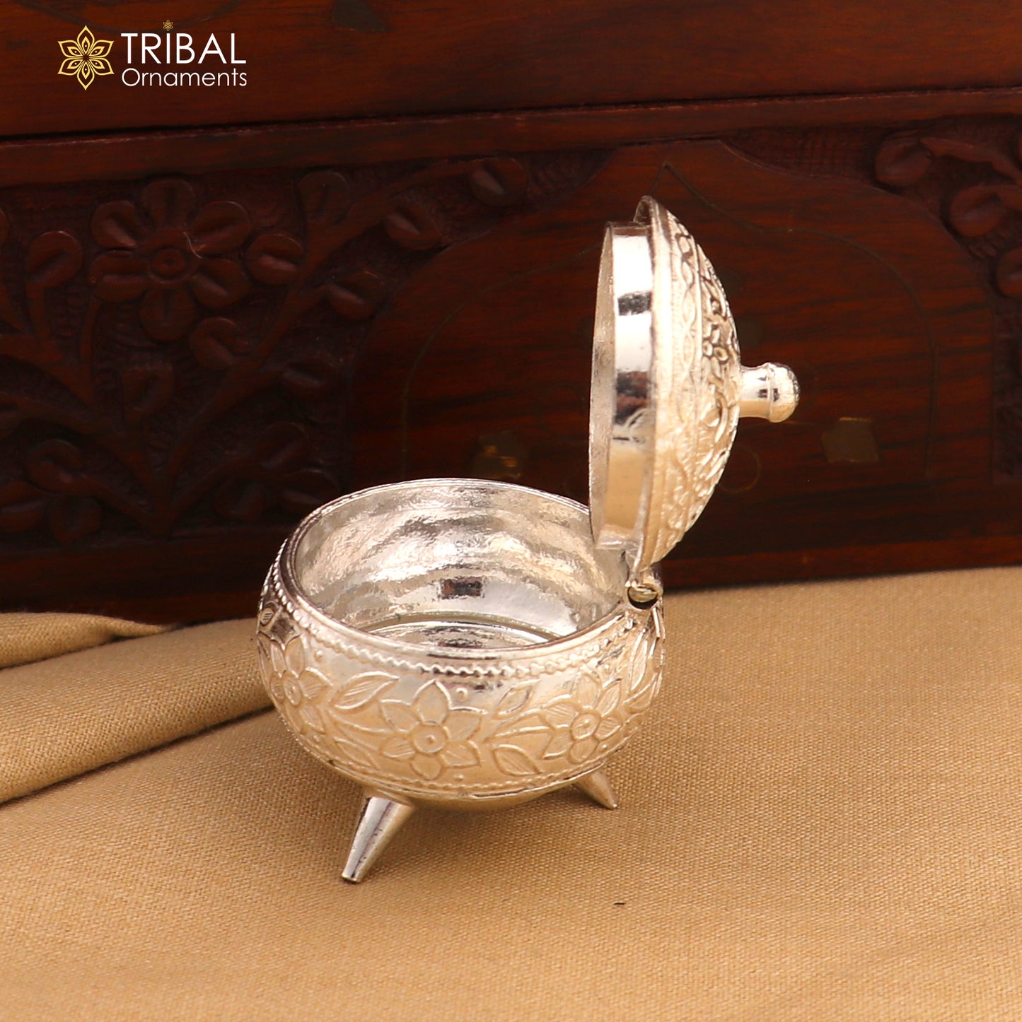 925 Sterling silver trinket box with colorful enamel work, ideal for kumkum, sindoor, or jewelry storage, by TribalOrnaments.