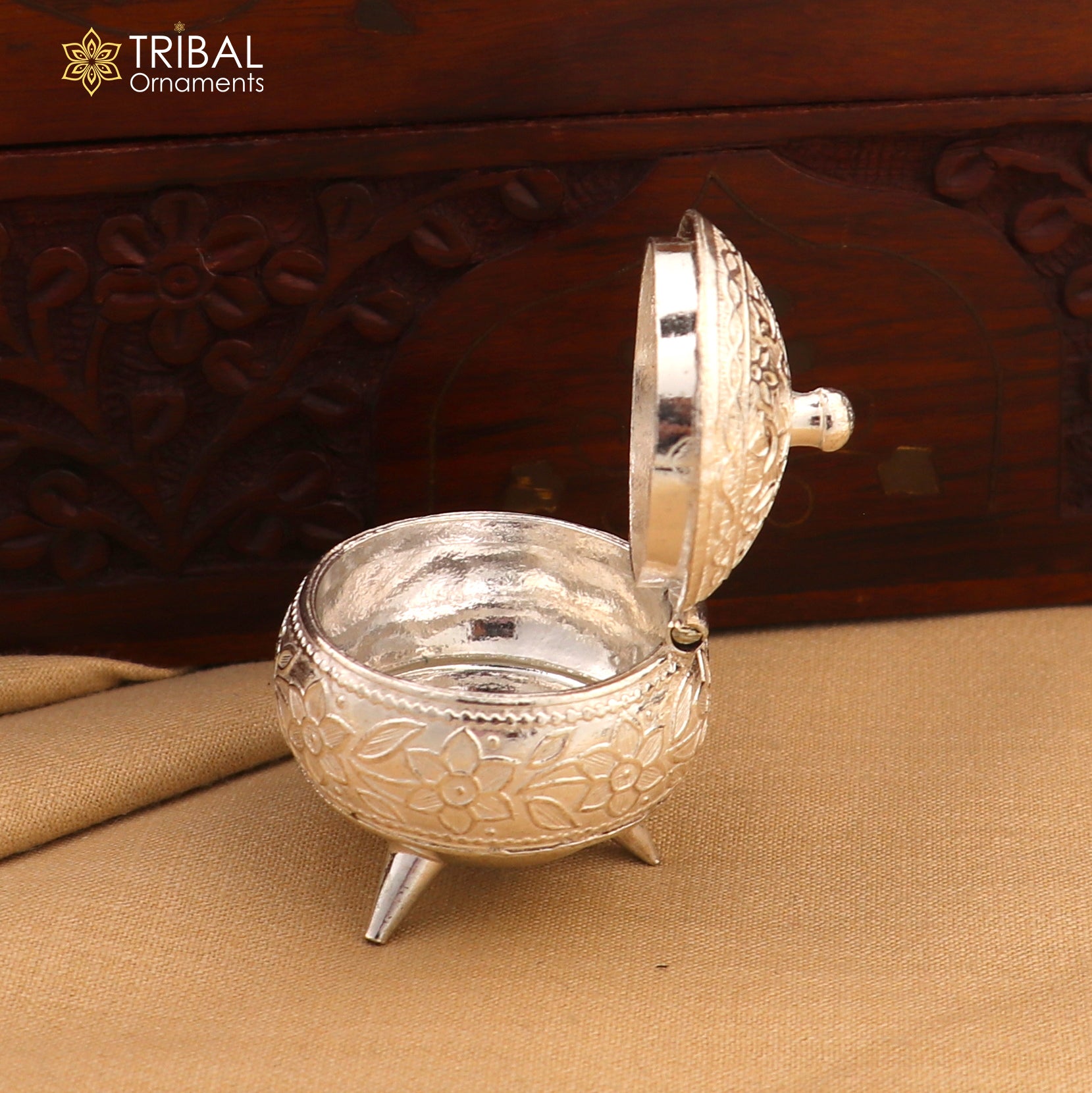 925 Sterling silver trinket box with colorful enamel work, ideal for kumkum, sindoor, or jewelry storage, by TribalOrnaments.