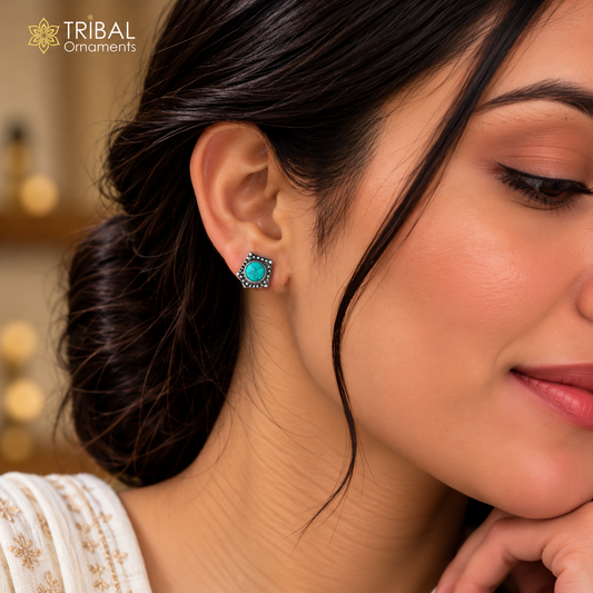925 sterling silver round shape turquoise stone stud earring best unisex jewelry er352