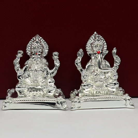 Goddess Laxmi or lord Ganesha Outside Silver Covering Inside Wax and Marble Silver Idol W8 - TRIBAL ORNAMENTS
