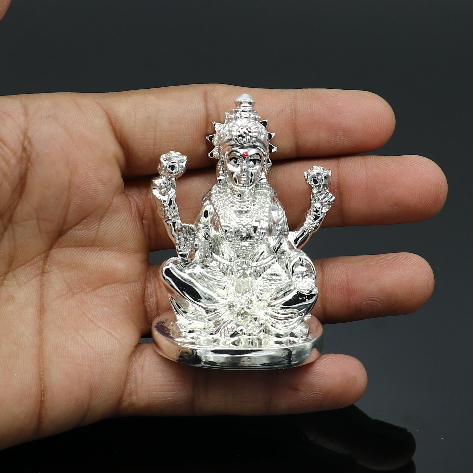 Silver goddess Laxmi Outside Silver Covering Inside Wax and Marble Silver Idol W4 - TRIBAL ORNAMENTS