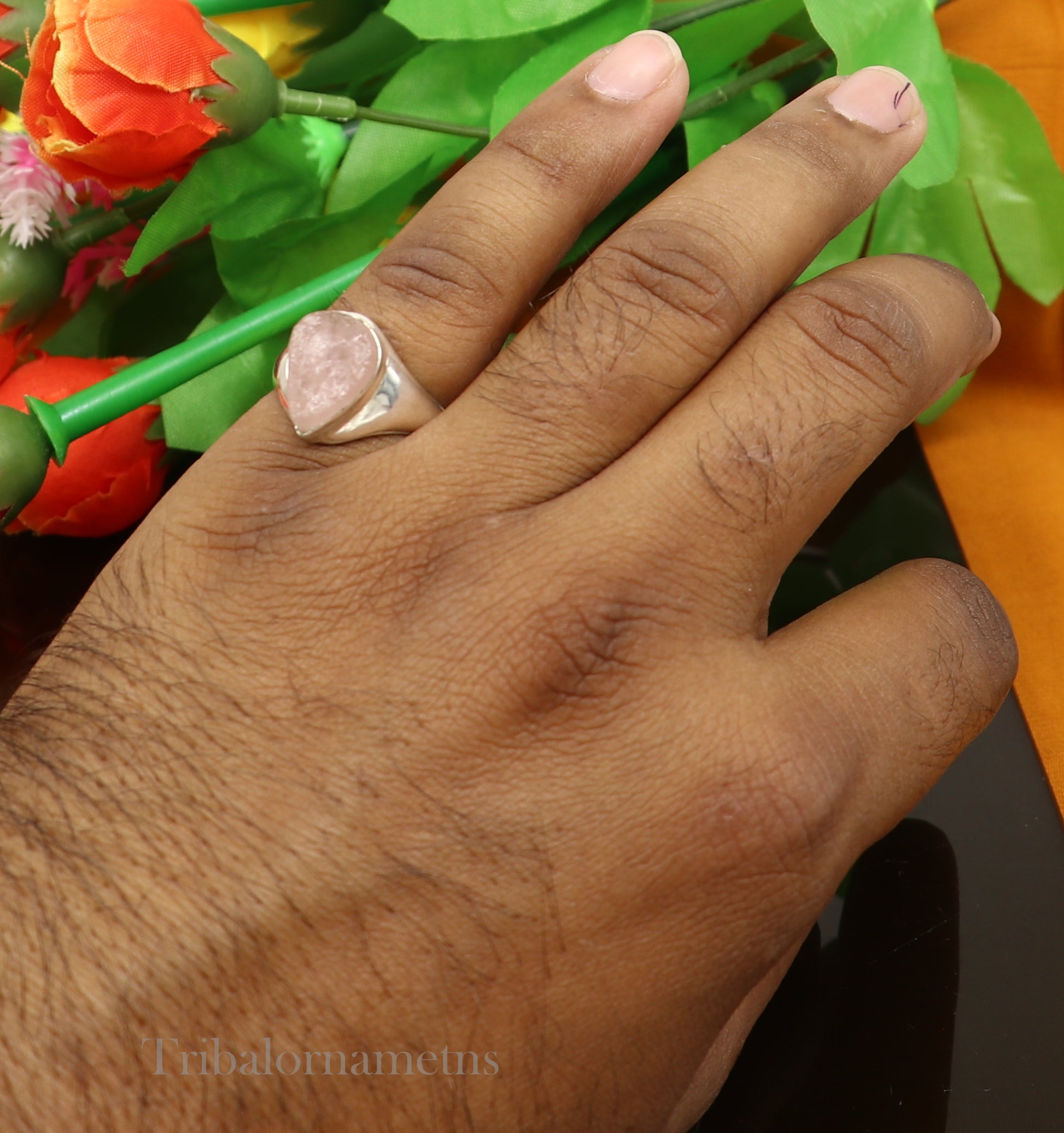 PINK ROSE QUARTZ FABULOUS 925 STERLING SILVER HANDMADE TILAK SHAPE RING sr101 - TRIBAL ORNAMENTS