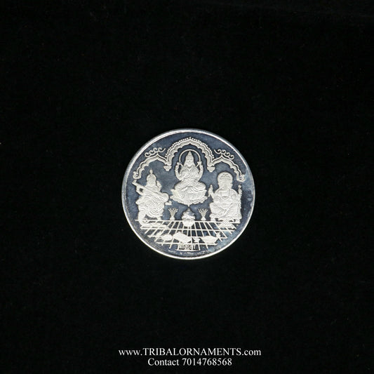 92.5 Silver Purity Ganesha + Lakshmi + saraswati 20 Gram Coin for diwali CN27 - TRIBAL ORNAMENTS