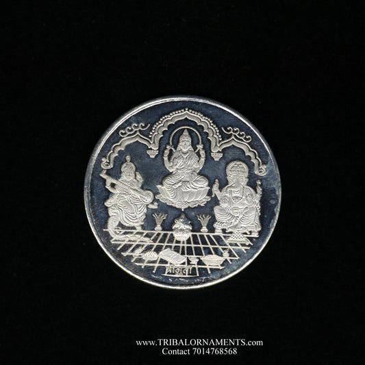 92.5 Silver Purity Ganesha + Lakshmi + Saraswati 50 Gram Coin for diwali CN17 - TRIBAL ORNAMENTS