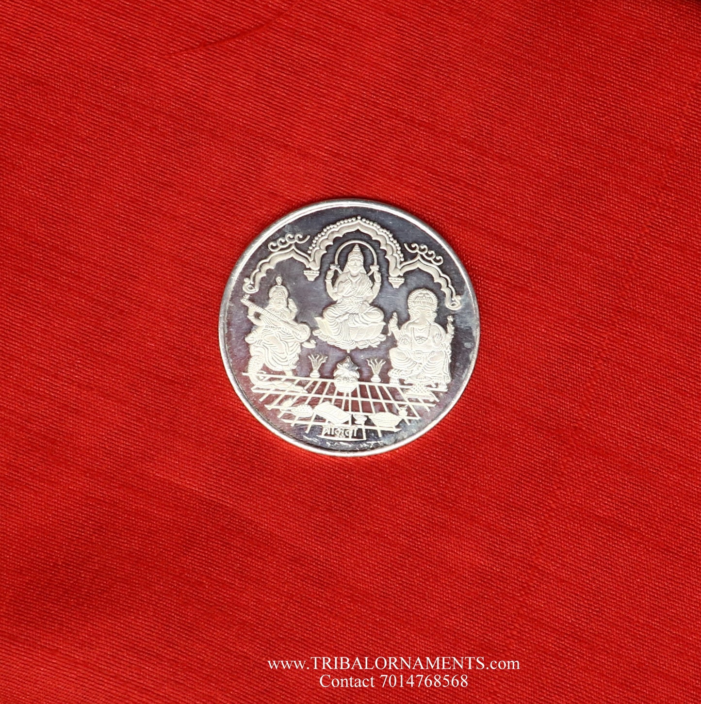 92.5 Silver Purity Ganesha + Lakshmi + saraswati 20 Gram Coin for diwali CN27 - TRIBAL ORNAMENTS
