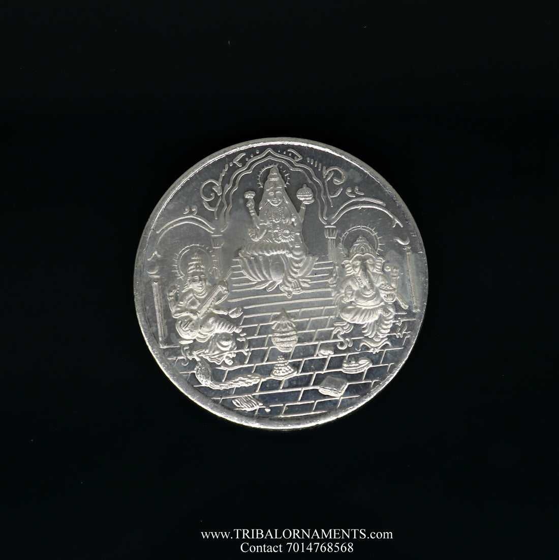 92.5 Silver Purity Ganesha + Lakshmi + Saraswati 100 Gram Coin for diwali. - TRIBAL ORNAMENTS
