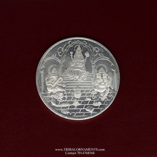 92.5 Silver Purity Ganesha + Lakshmi + Saraswati 100 Gram Coin for diwali. - TRIBAL ORNAMENTS