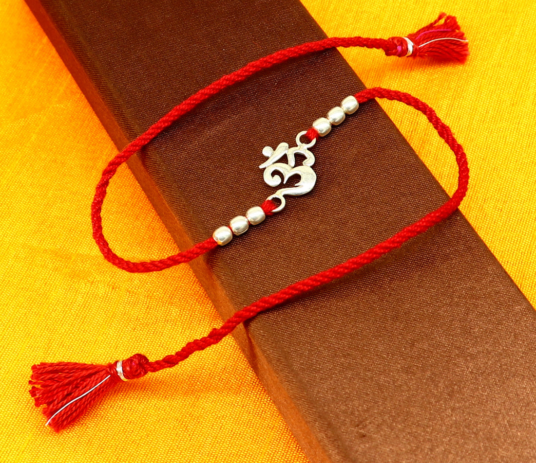 925 sterling silver custom design fabulous symbol OM or AUM design Rakhi bracelet with red thread Best sibling rakhi rk174 - TRIBAL ORNAMENTS