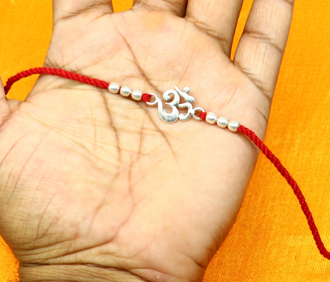 925 sterling silver custom design fabulous symbol OM or AUM design Rakhi bracelet with red thread Best sibling rakhi rk174 - TRIBAL ORNAMENTS