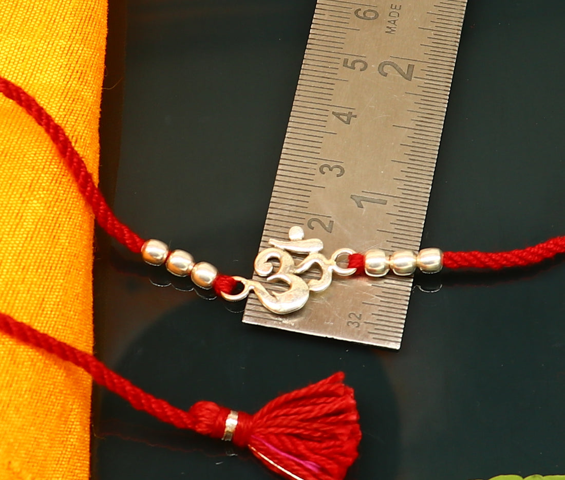 925 sterling silver custom design fabulous symbol OM or AUM design Rakhi bracelet with red thread Best sibling rakhi rk174 - TRIBAL ORNAMENTS