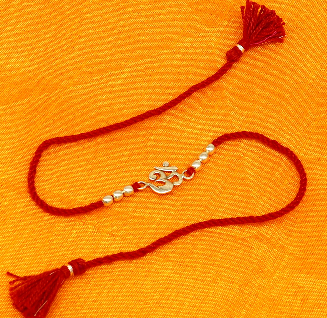 925 sterling silver custom design fabulous symbol OM or AUM design Rakhi bracelet with red thread Best sibling rakhi rk174 - TRIBAL ORNAMENTS