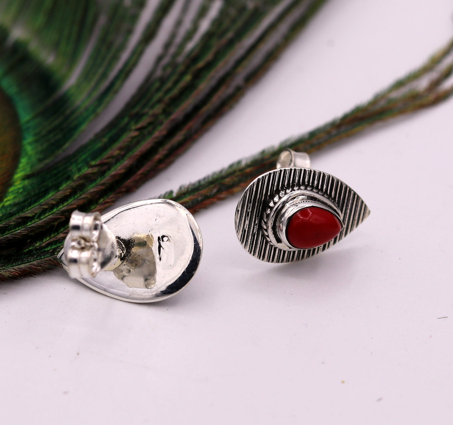 SAPPHIRE RED COLOR STONE HANDMADE 925 STERLING SILVER STUD VINTAGE EARRINGS s238 - TRIBAL ORNAMENTS