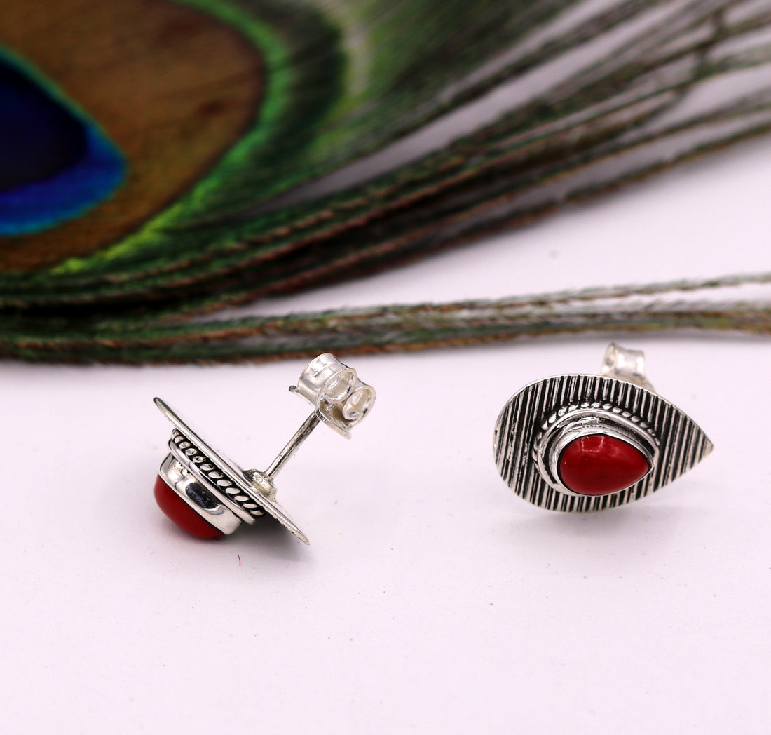 SAPPHIRE RED COLOR STONE HANDMADE 925 STERLING SILVER STUD VINTAGE EARRINGS s238 - TRIBAL ORNAMENTS