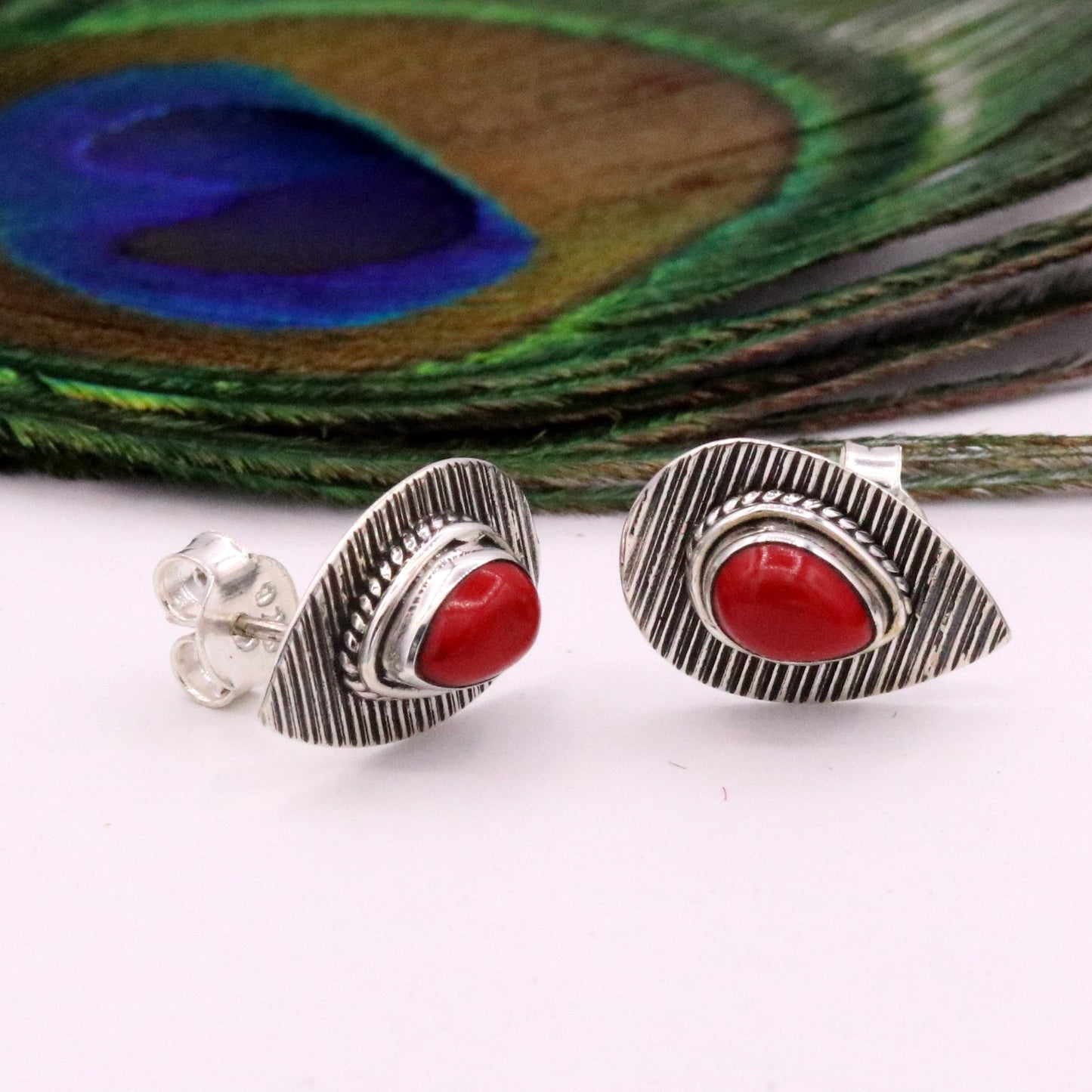 SAPPHIRE RED COLOR STONE HANDMADE 925 STERLING SILVER STUD VINTAGE EARRINGS s238 - TRIBAL ORNAMENTS