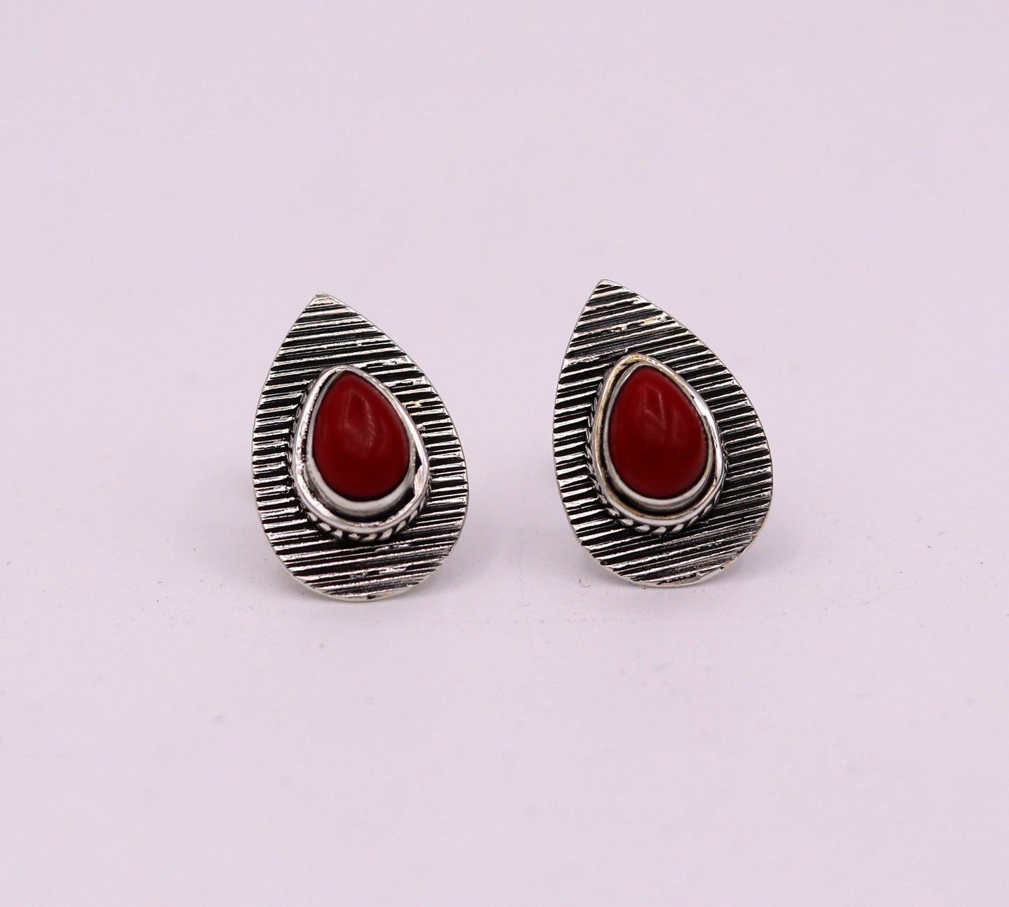 SAPPHIRE RED COLOR STONE HANDMADE 925 STERLING SILVER STUD VINTAGE EARRINGS s238 - TRIBAL ORNAMENTS