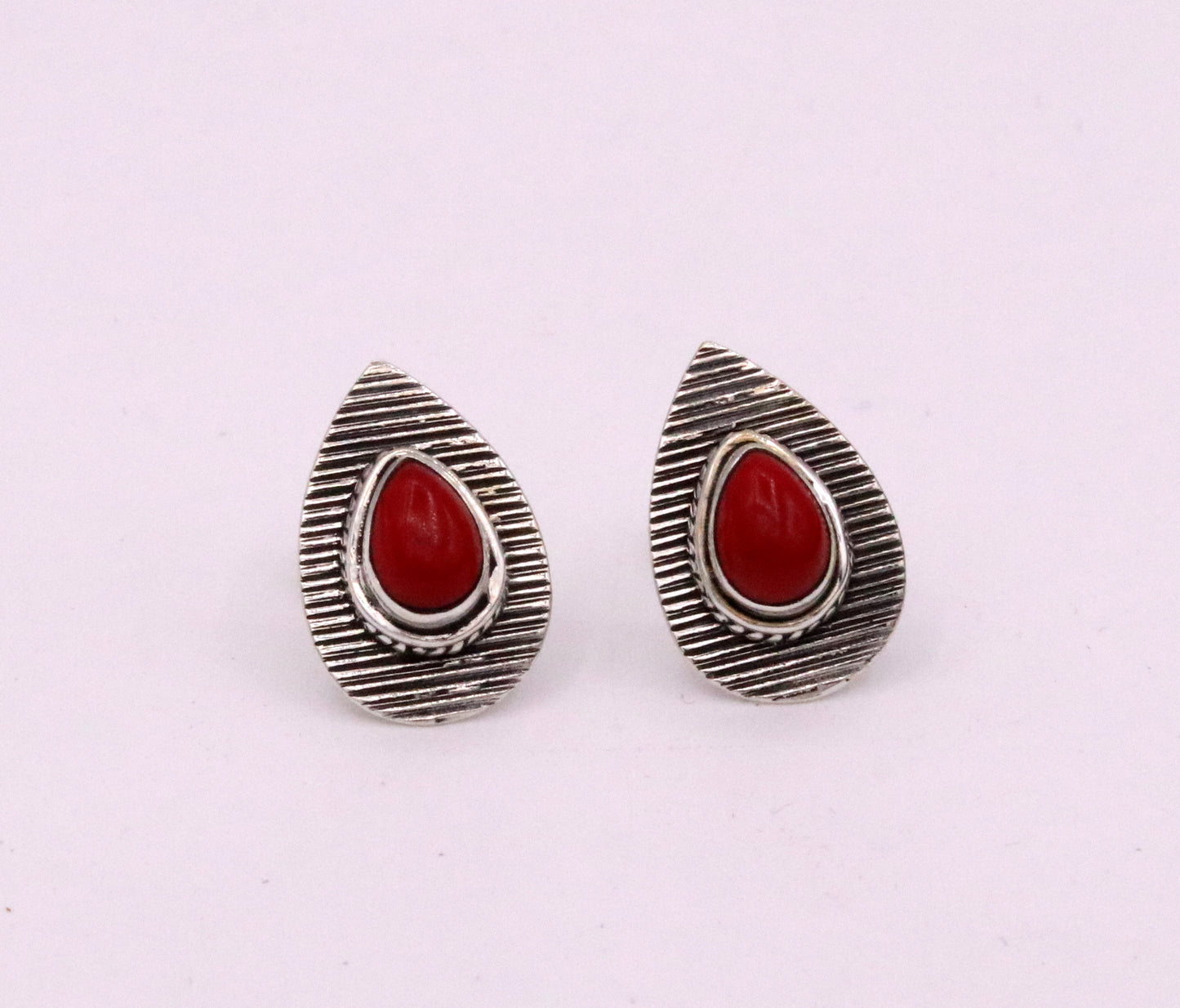 SAPPHIRE RED COLOR STONE HANDMADE 925 STERLING SILVER STUD VINTAGE EARRINGS s238 - TRIBAL ORNAMENTS