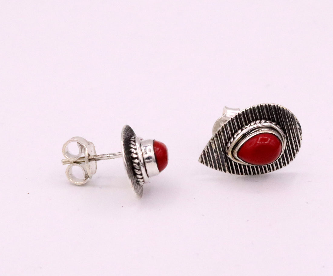 SAPPHIRE RED COLOR STONE HANDMADE 925 STERLING SILVER STUD VINTAGE EARRINGS s238 - TRIBAL ORNAMENTS