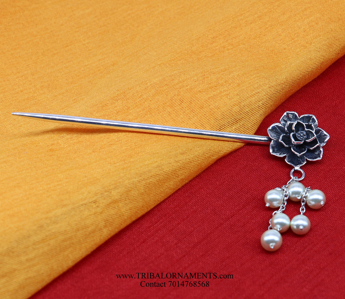 Sterling Silver Hairpin Juda Pin Floral pattern for Women 92.5 Pure and Certified HC05 - TRIBAL ORNAMENTS