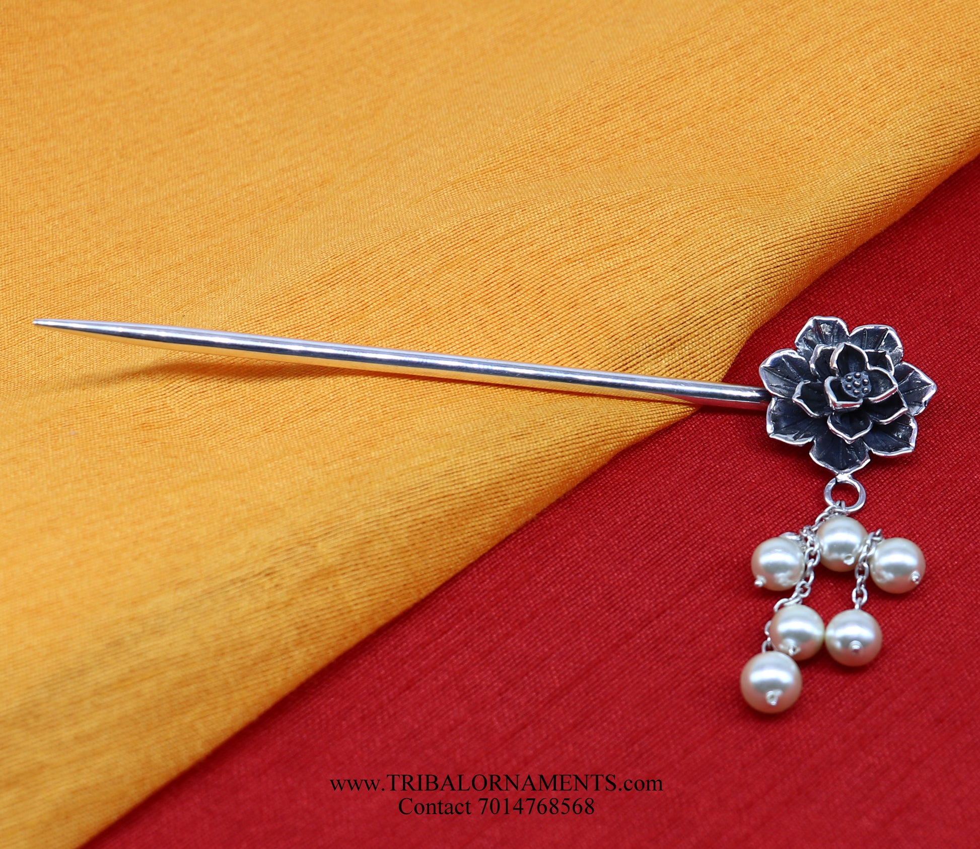 Sterling Silver Hairpin Juda Pin Floral pattern for Women 92.5 Pure and Certified HC05 - TRIBAL ORNAMENTS