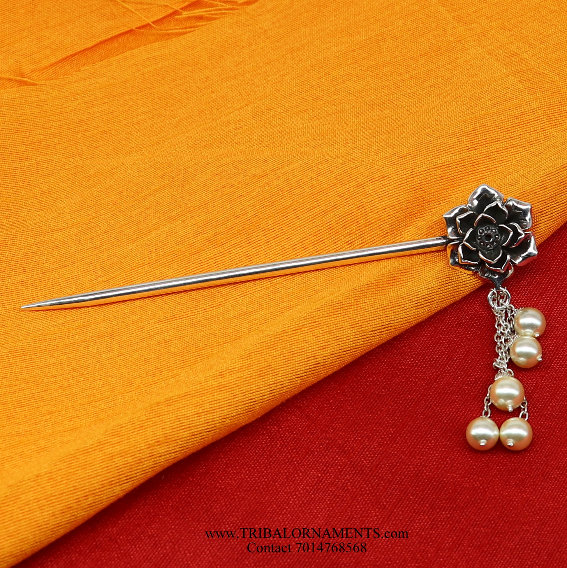 Sterling Silver Hairpin Juda Pin Floral pattern for Women 92.5 Pure and Certified HC07 - TRIBAL ORNAMENTS