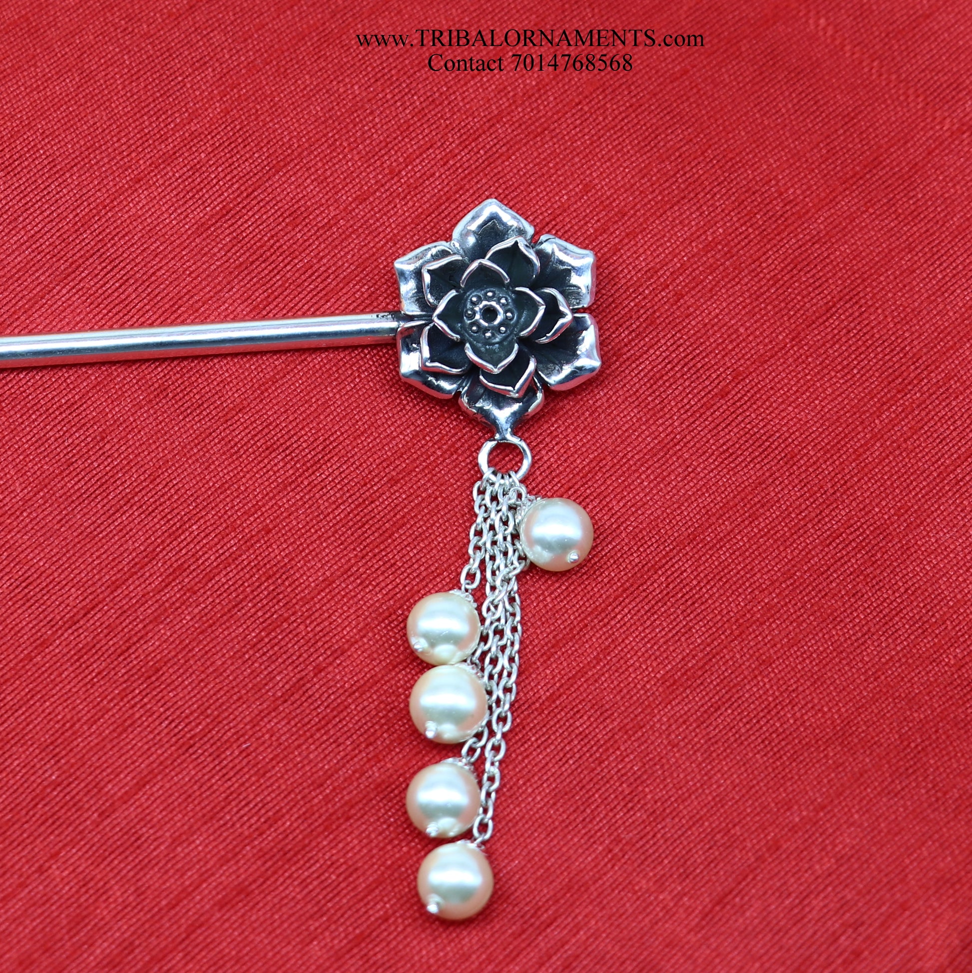 Sterling Silver Hairpin Juda Pin Floral pattern for Women 92.5 Pure and Certified HC07 - TRIBAL ORNAMENTS