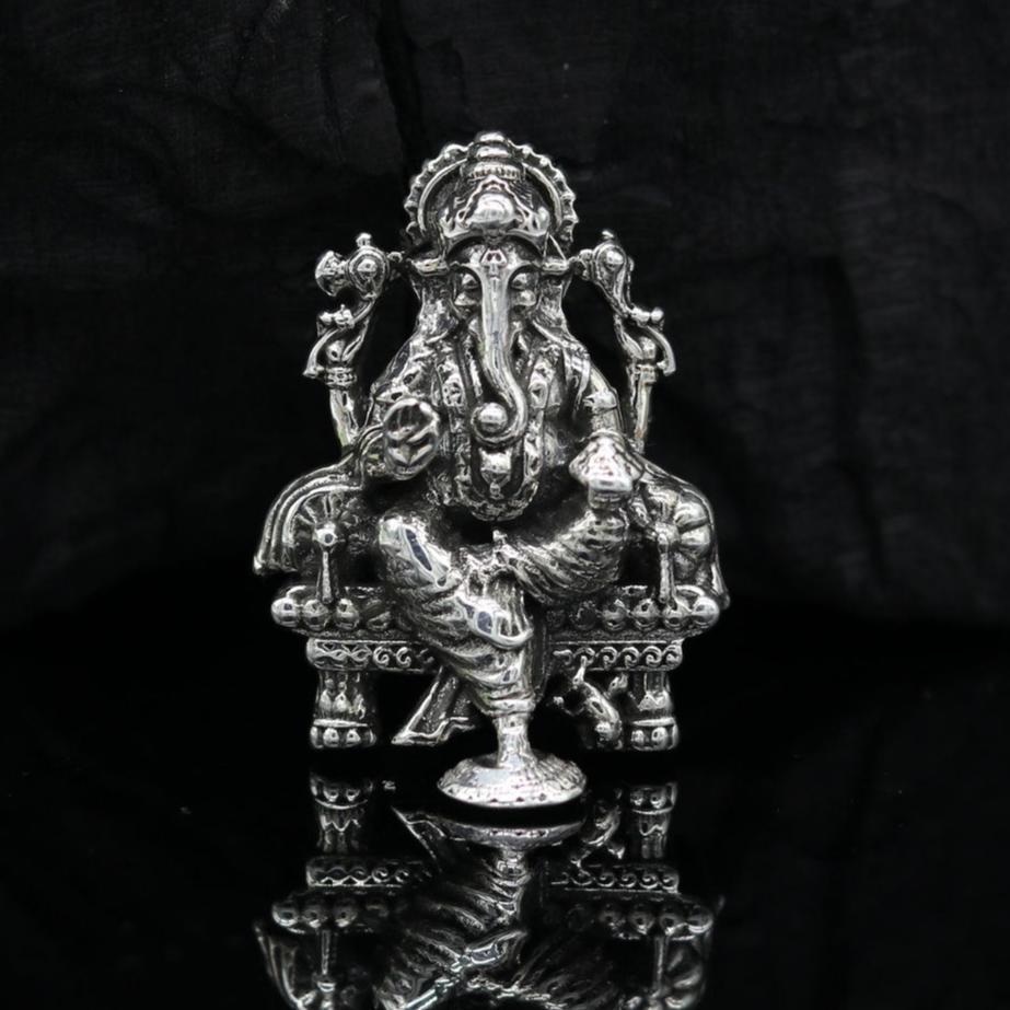 925 Sterling silver Lord Ganesh Idol, Pooja Articles, Indian Silver Idols, handcrafted Lord Ganesh statue sculpture Diwali puja gift su02 - TRIBAL ORNAMENTS