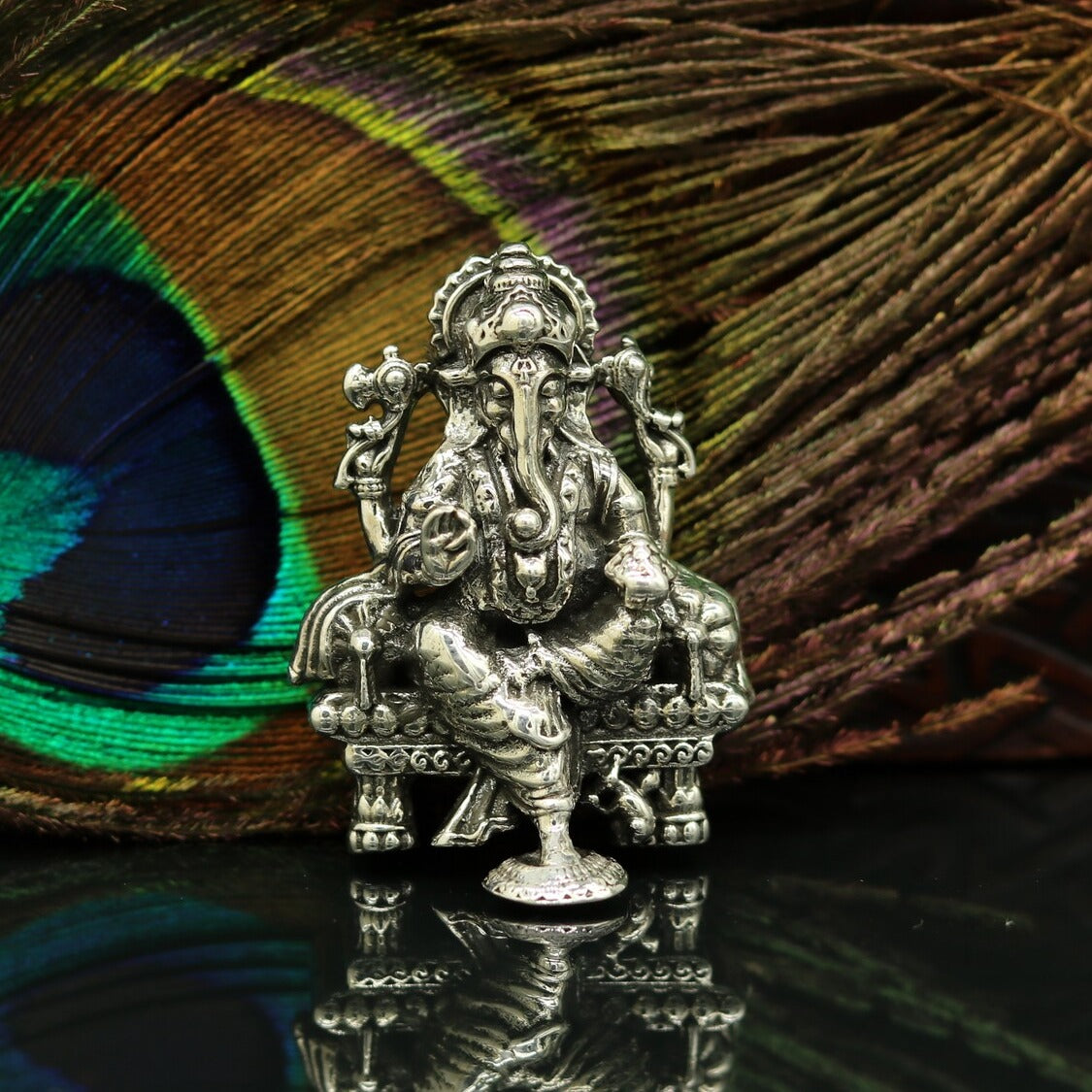 925 Sterling silver Lord Ganesh Idol, Pooja Articles, Indian Silver Idols, handcrafted Lord Ganesh statue sculpture Diwali puja gift su02 - TRIBAL ORNAMENTS