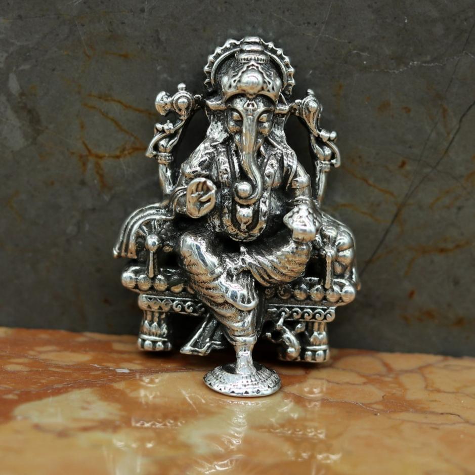 925 Sterling silver Lord Ganesh Idol, Pooja Articles, Indian Silver Idols, handcrafted Lord Ganesh statue sculpture Diwali puja gift su02 - TRIBAL ORNAMENTS