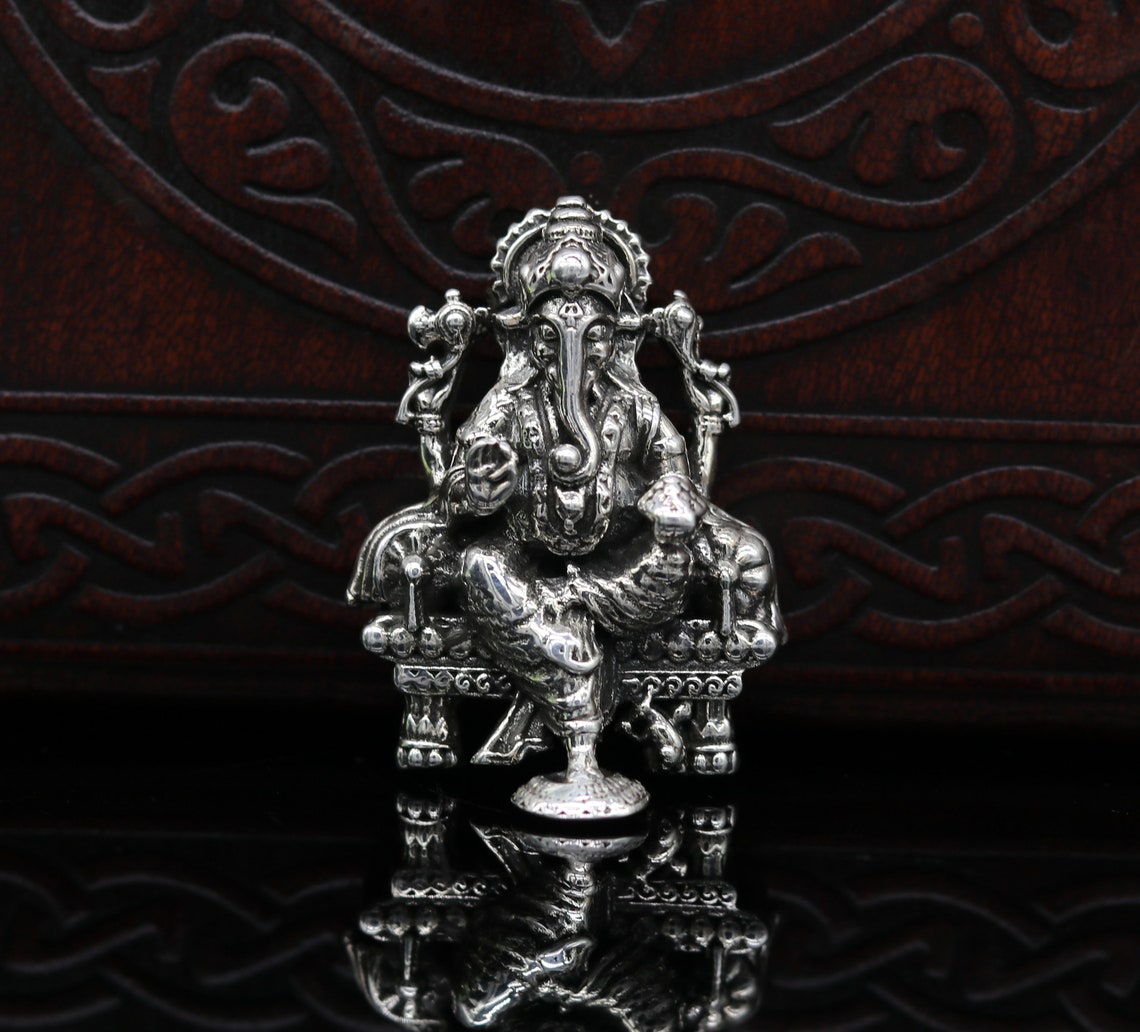 925 Sterling silver Lord Ganesh Idol, Pooja Articles, Indian Silver Idols, handcrafted Lord Ganesh statue sculpture Diwali puja gift su02 - TRIBAL ORNAMENTS