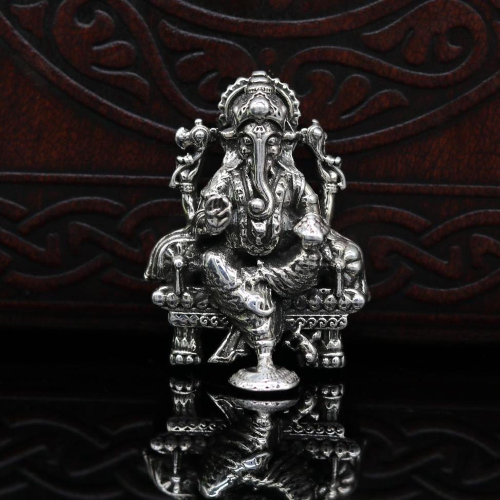 925 Sterling silver Lord Ganesh Idol, Pooja Articles, Indian Silver Idols, handcrafted Lord Ganesh statue sculpture Diwali puja gift su02 - TRIBAL ORNAMENTS