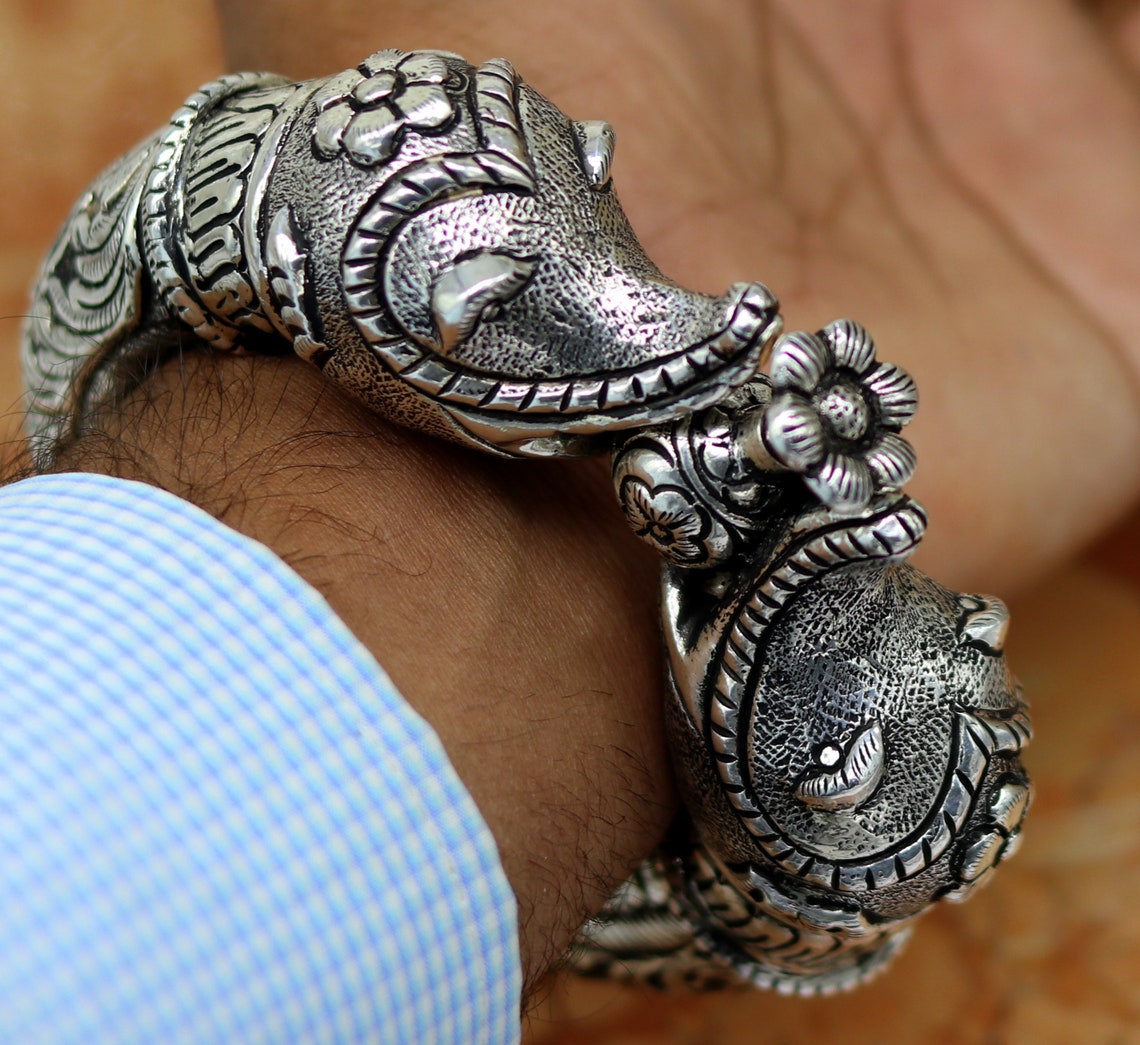 925 sterling silver handmade chitai work elephant face fabulous customized work vintage bangle bracelet kada, bridesmaid gifting nssk261 - TRIBAL ORNAMENTS