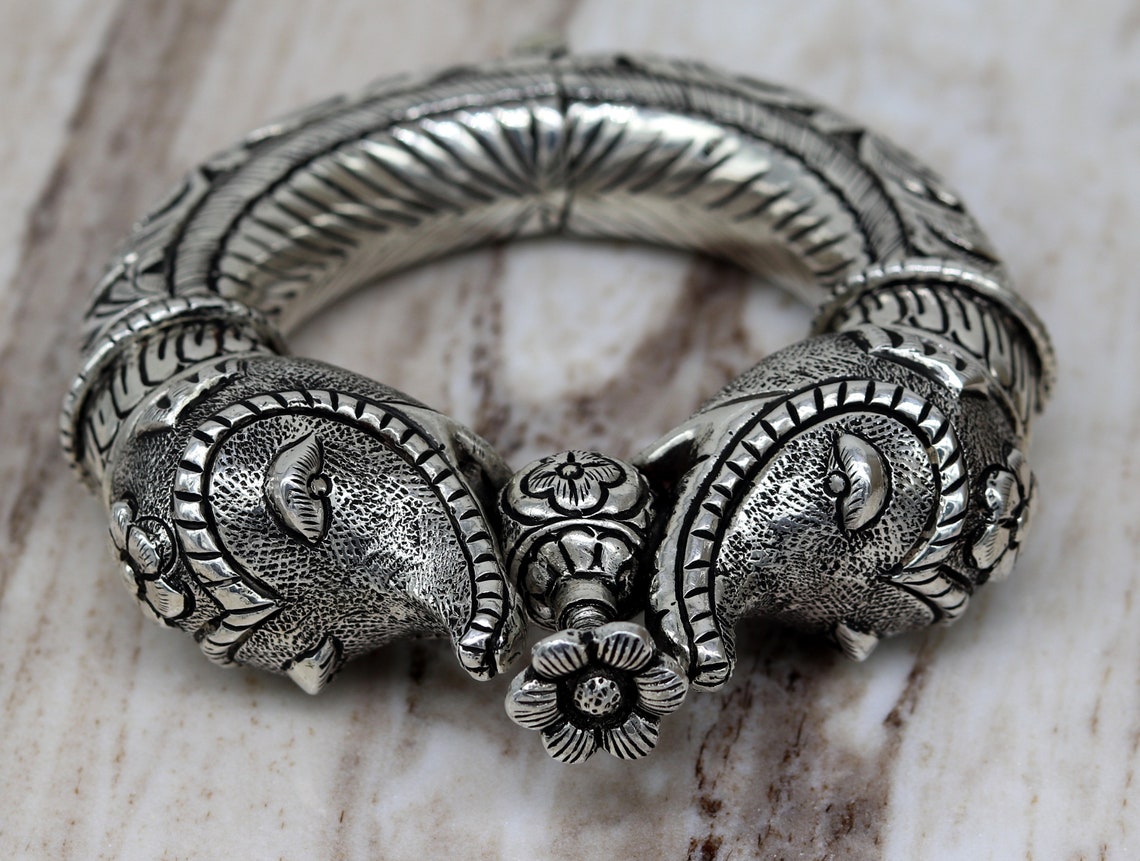 925 sterling silver handmade chitai work elephant face fabulous customized work vintage bangle bracelet kada, bridesmaid gifting nssk261 - TRIBAL ORNAMENTS