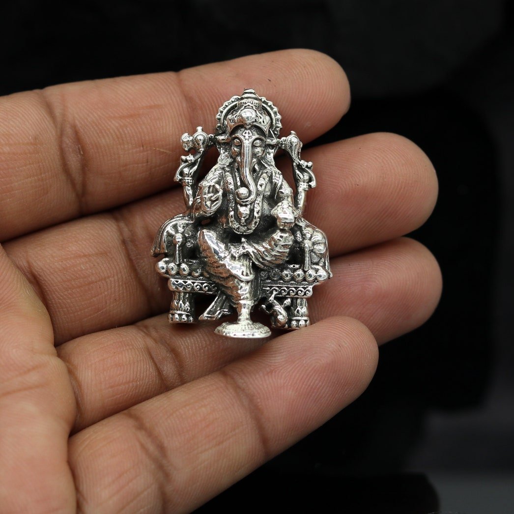 925 Sterling silver Lord Ganesh Idol, Pooja Articles, Indian Silver Idols, handcrafted Lord Ganesh statue sculpture Diwali puja gift su02 - TRIBAL ORNAMENTS