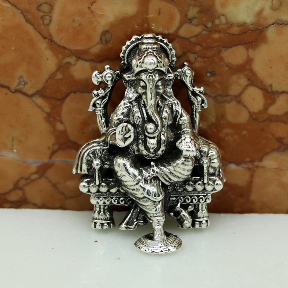 925 Sterling silver Lord Ganesh Idol, Pooja Articles, Indian Silver Idols, handcrafted Lord Ganesh statue sculpture Diwali puja gift su02 - TRIBAL ORNAMENTS