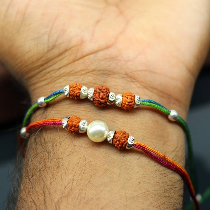 925 sterling silver custom design combo 2 piece Rakhi bracelet with rudraksha beads Best sibling rakhi for Festival Rakshabandhan rk134 - TRIBAL ORNAMENTS